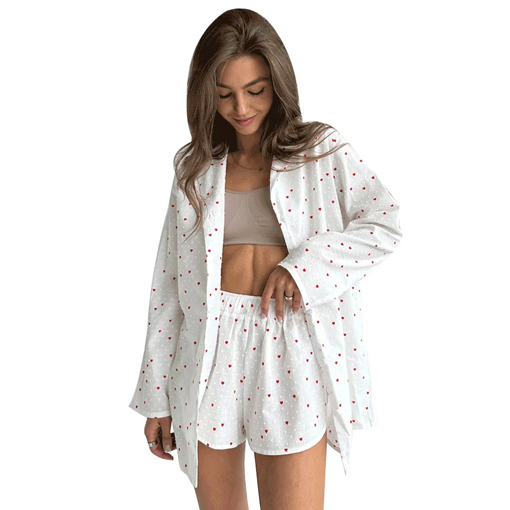 Love printed pajama set 2024 autumn new women's printed long sleeved shorts pajama two-piece set