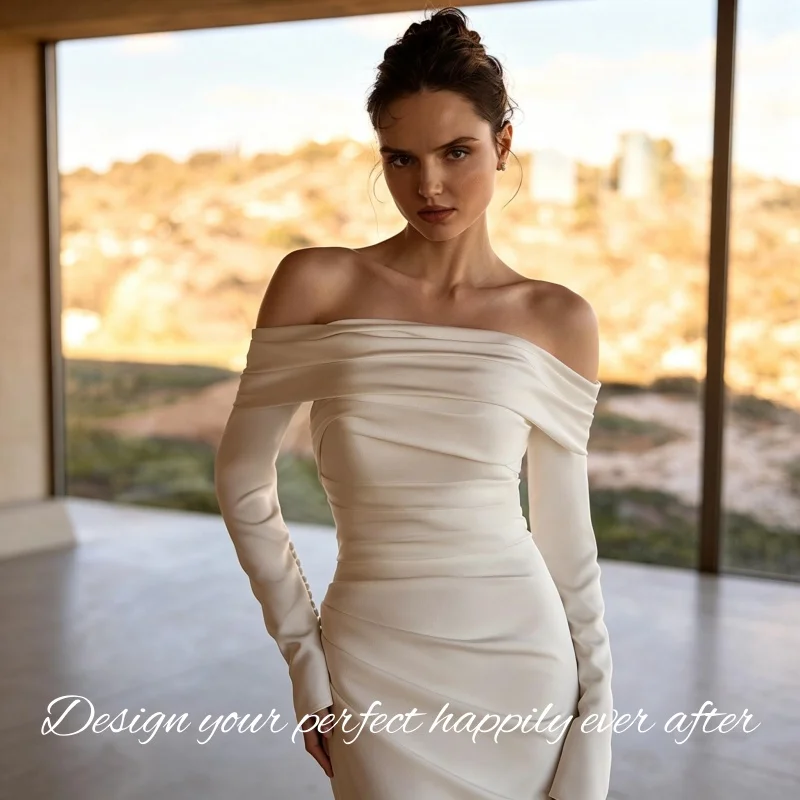 Minimalist Luxury Mermaid Bridal Dress Off‑Shoulder Satin Draped Court Train Custom Vestidos De Novia