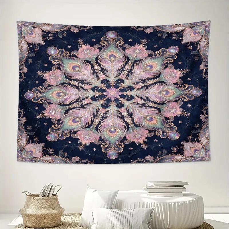 Elegant Peacock Feather Baroque Curtains Navy Blue Translucent Drapery Home Decor Luxury Gothic Style Window Curtains for Bedroo