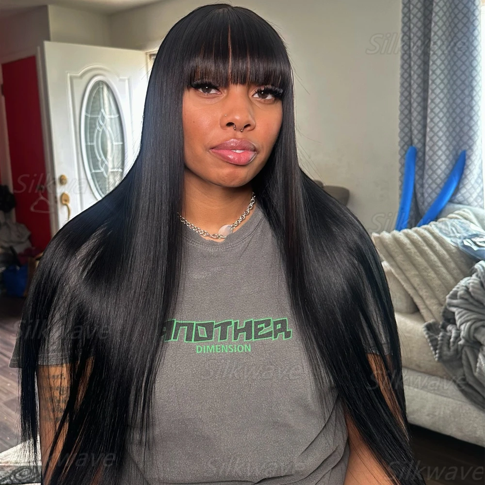 Perucas sem cola cabelo humano 3x1 hd peruca de renda com franja cabelo humano peruca reta com franja para preto feminino completo máquina feita peruca