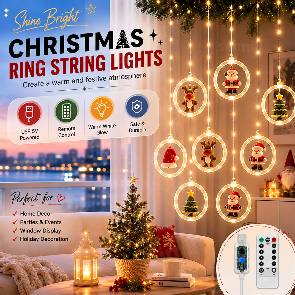 Christmas Gathering Curtain Lights Santa Reindeer Snowman Tree Santa Hat USB Remote 8 Modes For Home Holiday Party Decor Lamp
