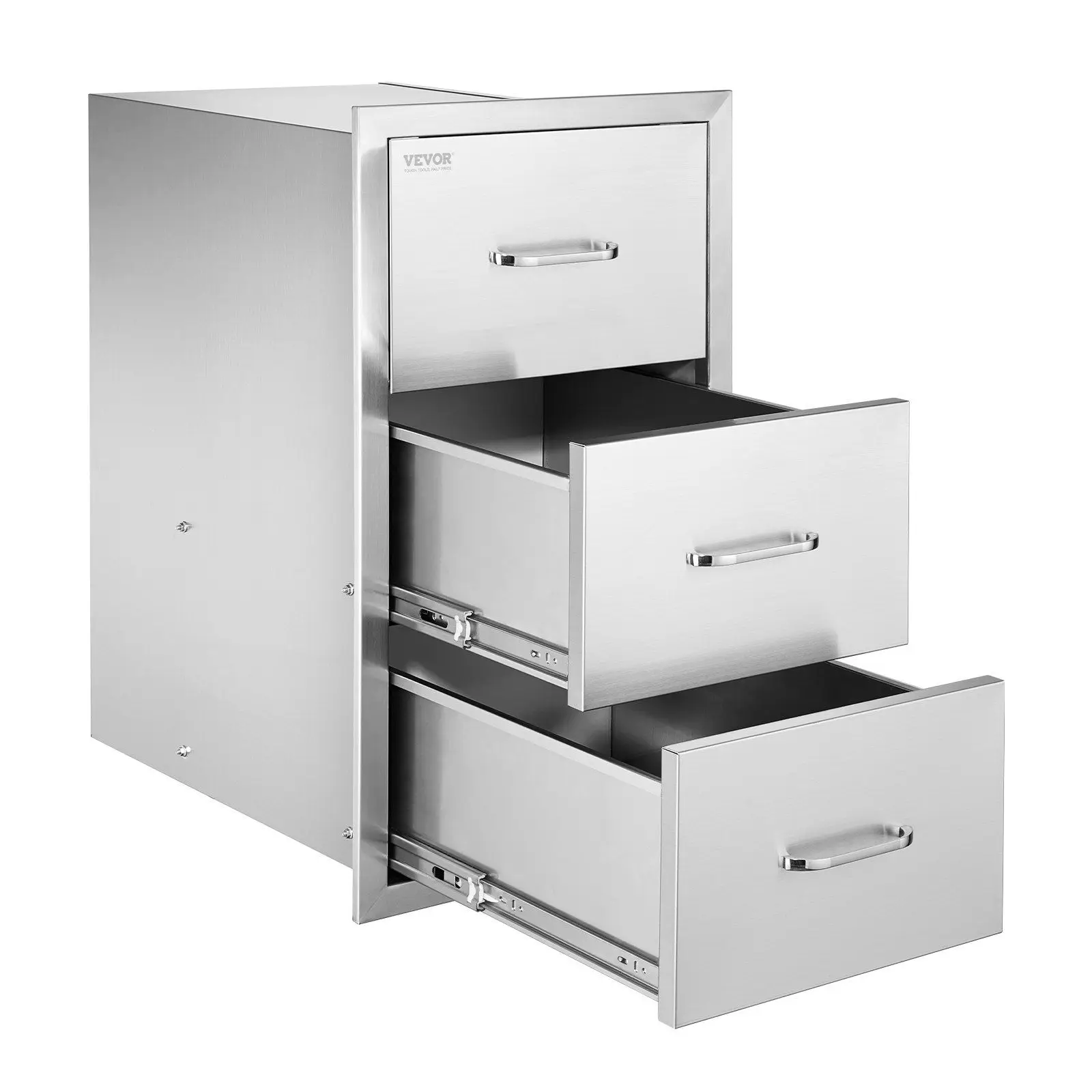 

Outdoor Kitchen Triple Access Drawers 16.5"W X 29"H X 20.5"D Stainless Steel Flush Mount Cabinets Paper Towel Holder Storage