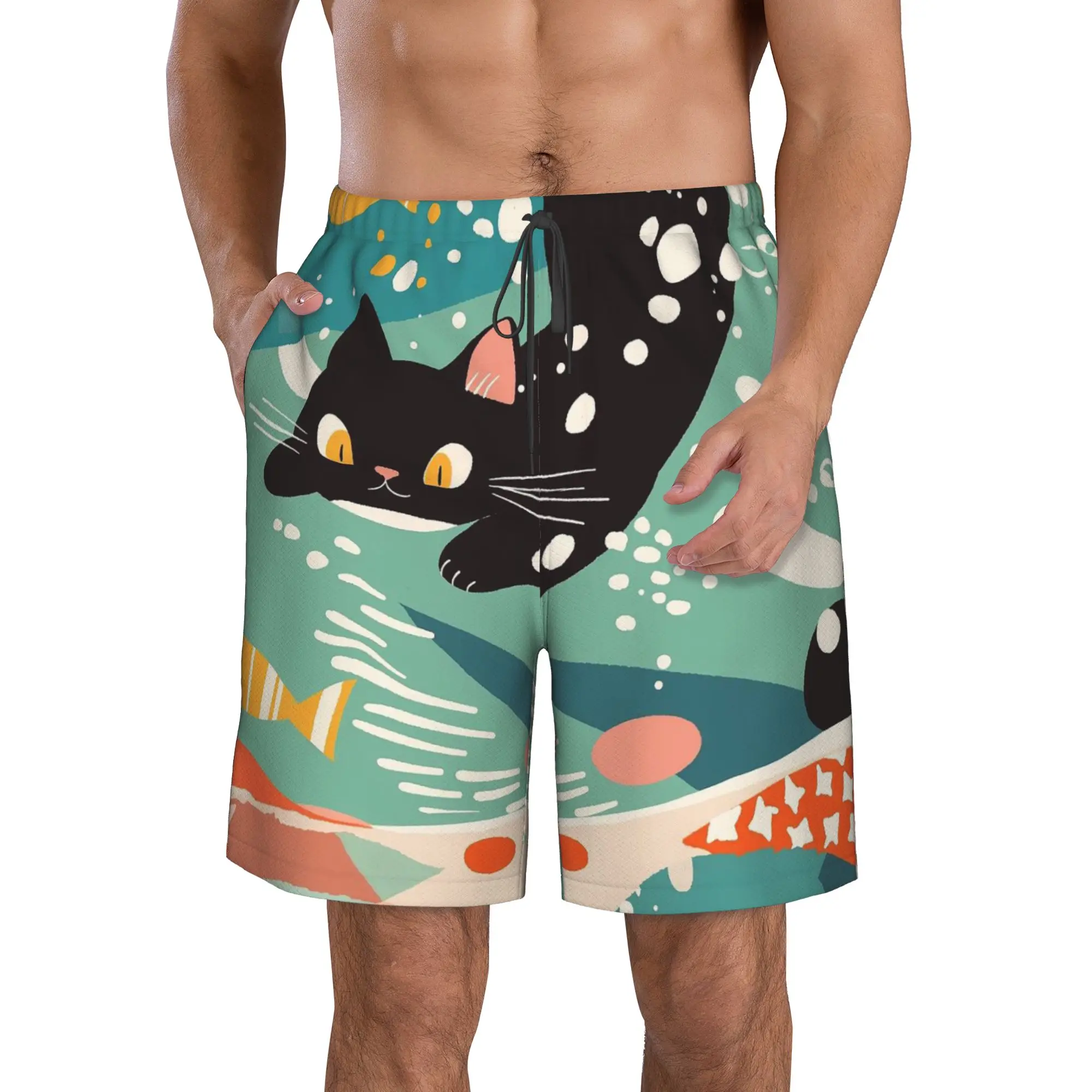 Black Cat Peeking Into Water Staring at Swimming Small Fish Trunks Beach Board Shorts Casual Quick Dry Swim Summer Men Pants