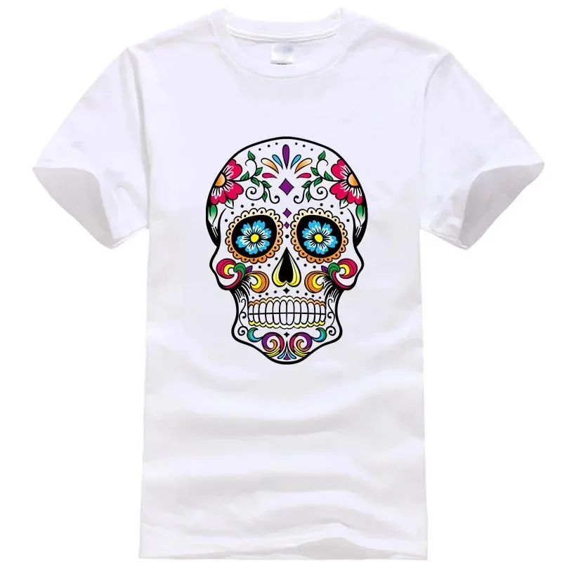 Men High Quality Cotton Blend Sugar Skull Printed T-shirt, Loose Street Style Summer Casual Short Sleeve O-neck Tee