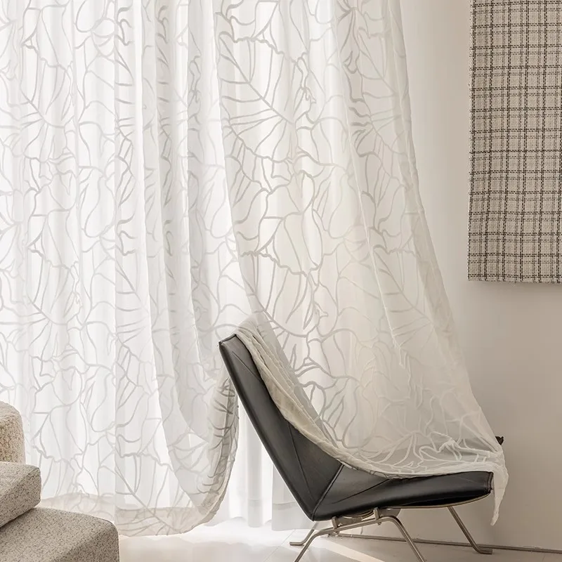 American Light Luxury Embossed Leaf Flocking Window Screen White Elegant Flocking Jacquard Tulle Curtain For Living Room Bedroom