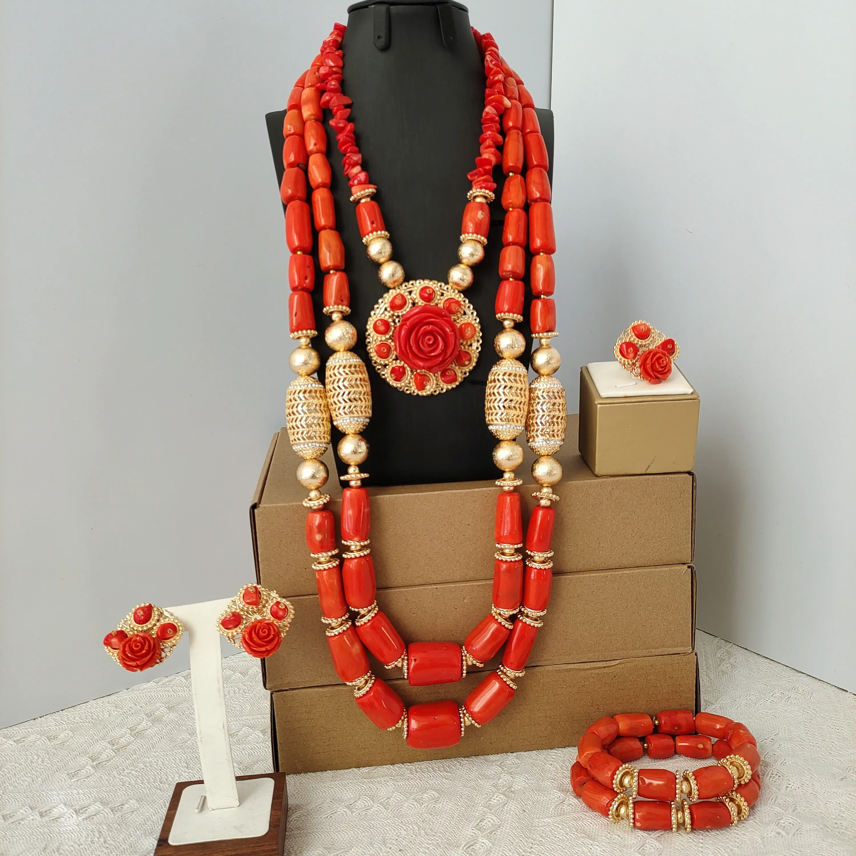 

Orange Real Coral Beads Nigeria Wedding Jewelry Set African Bridal Accessories