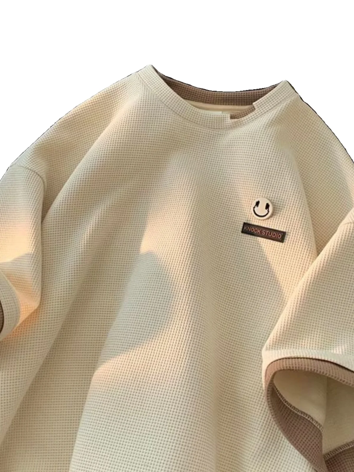 American Retro Wfle Pattern ort Sve Men's Summer Trendy Brand Fake Two-Piece T-irt Loose Fit oulder-Length Sve Top