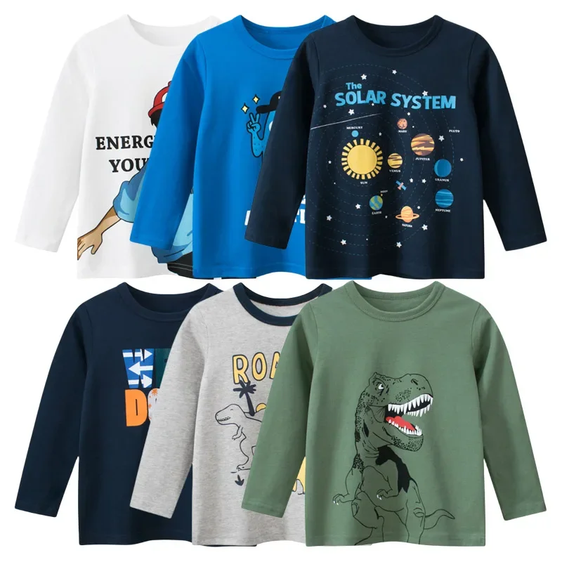 Cartoon Space T-Shirt for Boys Girls 2024 Brand Children\'s Clothing Autumn New Kids Bottoming Shirts Long Sleeve Cotton Tops Tee