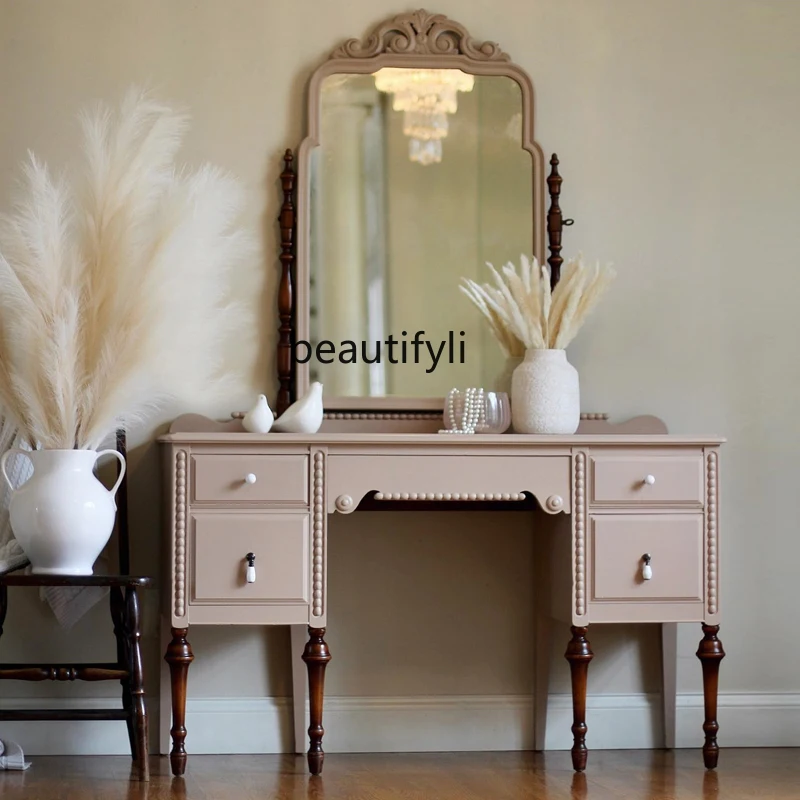

Французский туалетный столик из цельного дерева, американский кантри, ретро, розовый туалетный столик для спальни, европейский туалетный столик