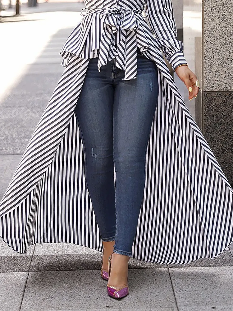 Women's V-Ne Long Sve irt Dr Striped Waist-Cinching Belted Blouse Skirt Polyester 00% Autumn  Faion Ladies' ...