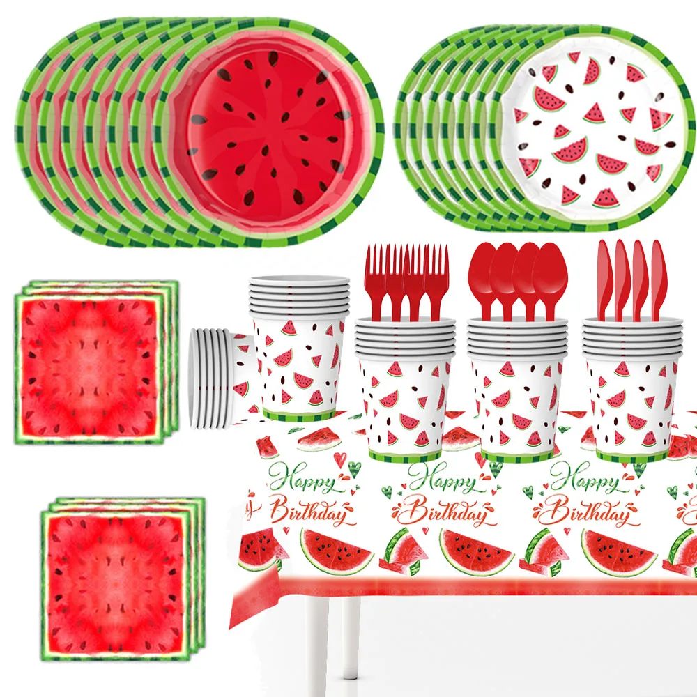 Vajilla de fiesta de sandía, platos de papel de sandía de verano, vasos, servilletas, pancarta, sandías temáticas, decoración para fiesta de bienvenida de bebé y cumpleaños