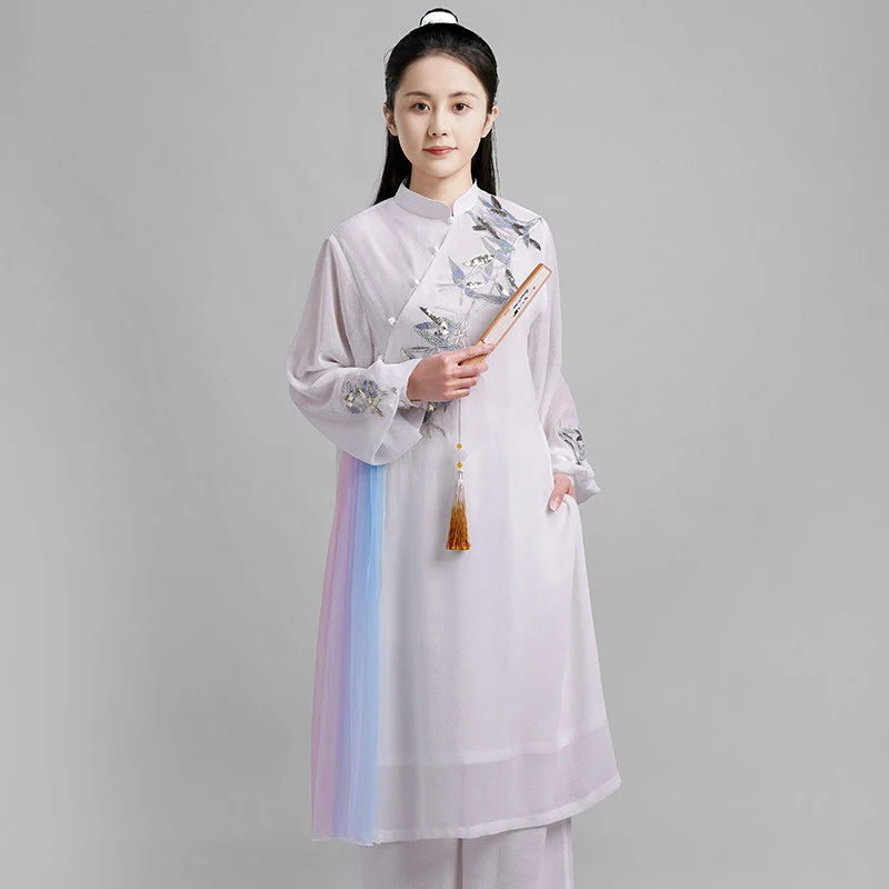 Women's Premium Embroidered Floral Long Sleeve Tai Chi Uniform - Ramie Gauze Martial Arts Performance Outfit for Fall Winter