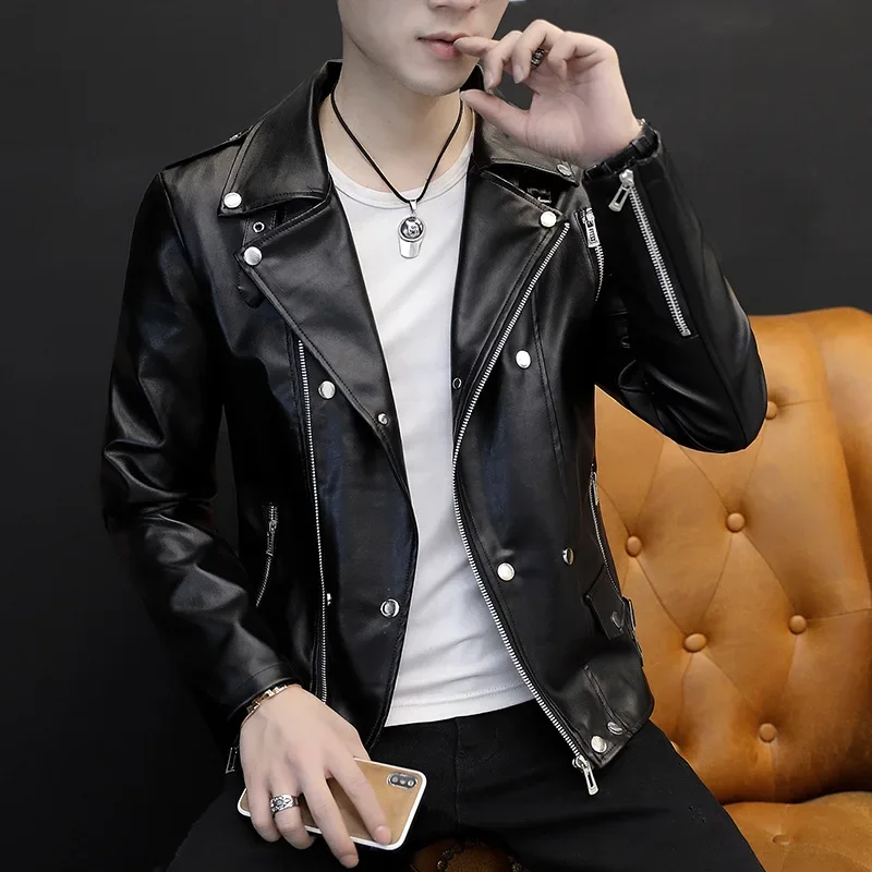 2024 Men's New Oblique Zipper Rivet Leather Jacket Youth Autumn Slim Casual Handsome Leather Jacket