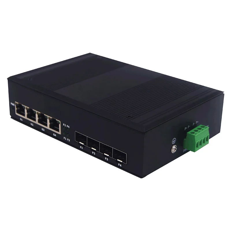 Industrial DIN Rail Full Gigabit Fiber Ethernet Switch 4 SFP Fiber Slots 4 RJ45 Ports Ring Self-Healing Media Converter