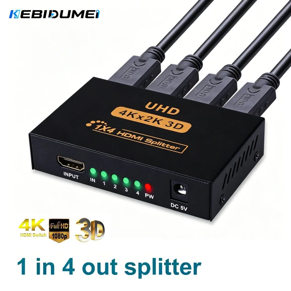 KEBIDUMEI 4K X 2K 1 in 4 out HDMI-compatible Splitter 1X4 UHD Video Switcher Cable Adapter Monitor Laptop PC HDTV Video Setup