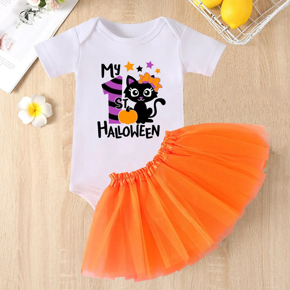 My 1st Halloween Print Baby Bodysuit Dress Set Halloween Party Girl Outfit Dresses Tutu Cake Smash Outfit Infant Baptism Clothes