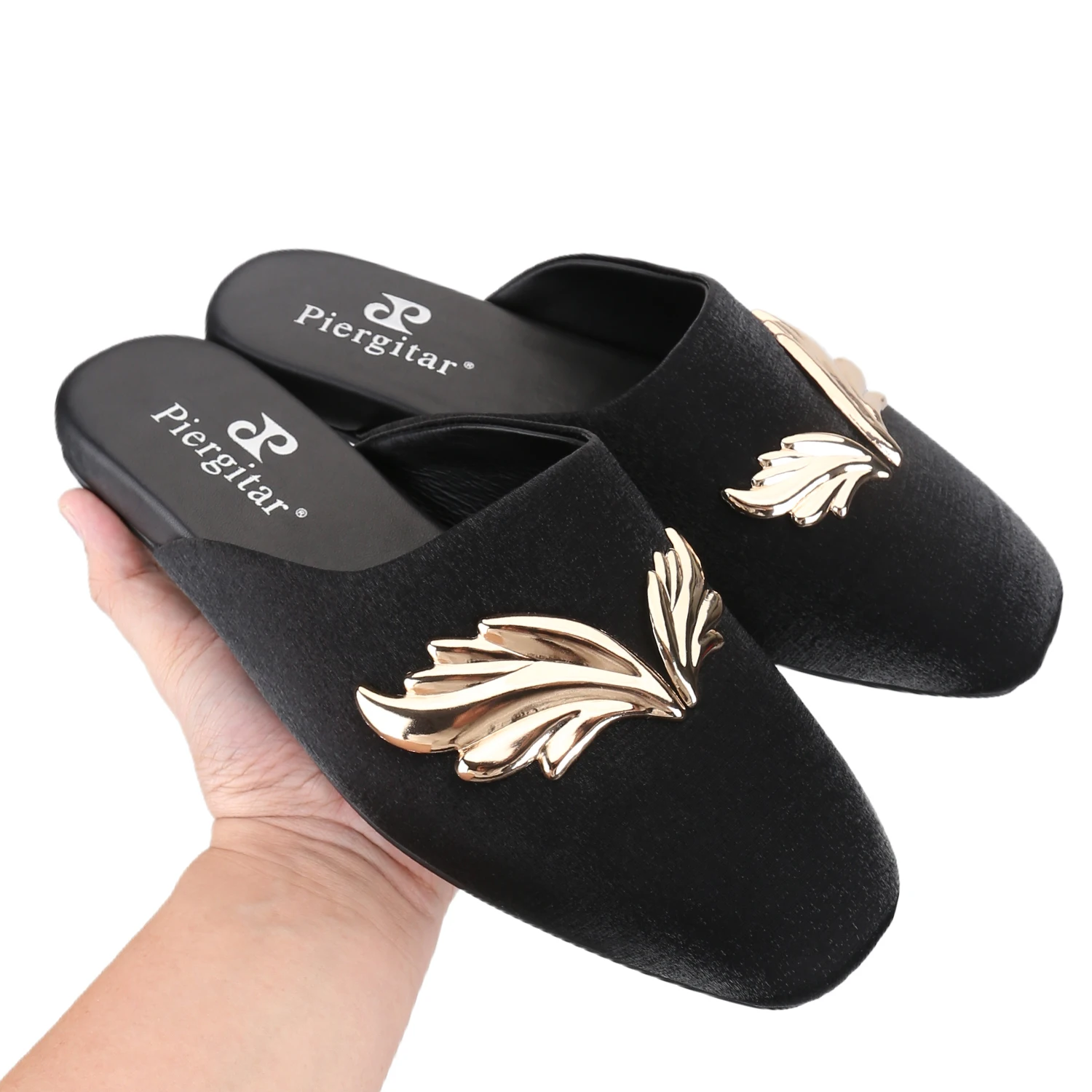 Piergitar 2025 Summer New Style Black And Burgundy Shiny Silk Men's Mules With Wings Metal Buckles Handmade Slip-On Slippers