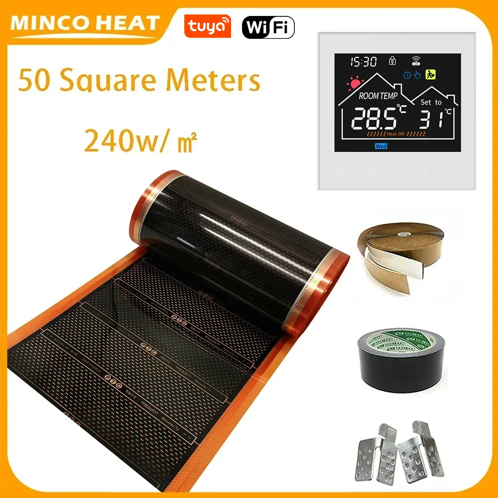 

Minco Heat 220~240 Вт/м², ширина 50 см, 50 шт. ㎡ Новая оранжевая энергосберегающая инфракрасная пленка для теплого пола с графеном PTC и комплекты для установки