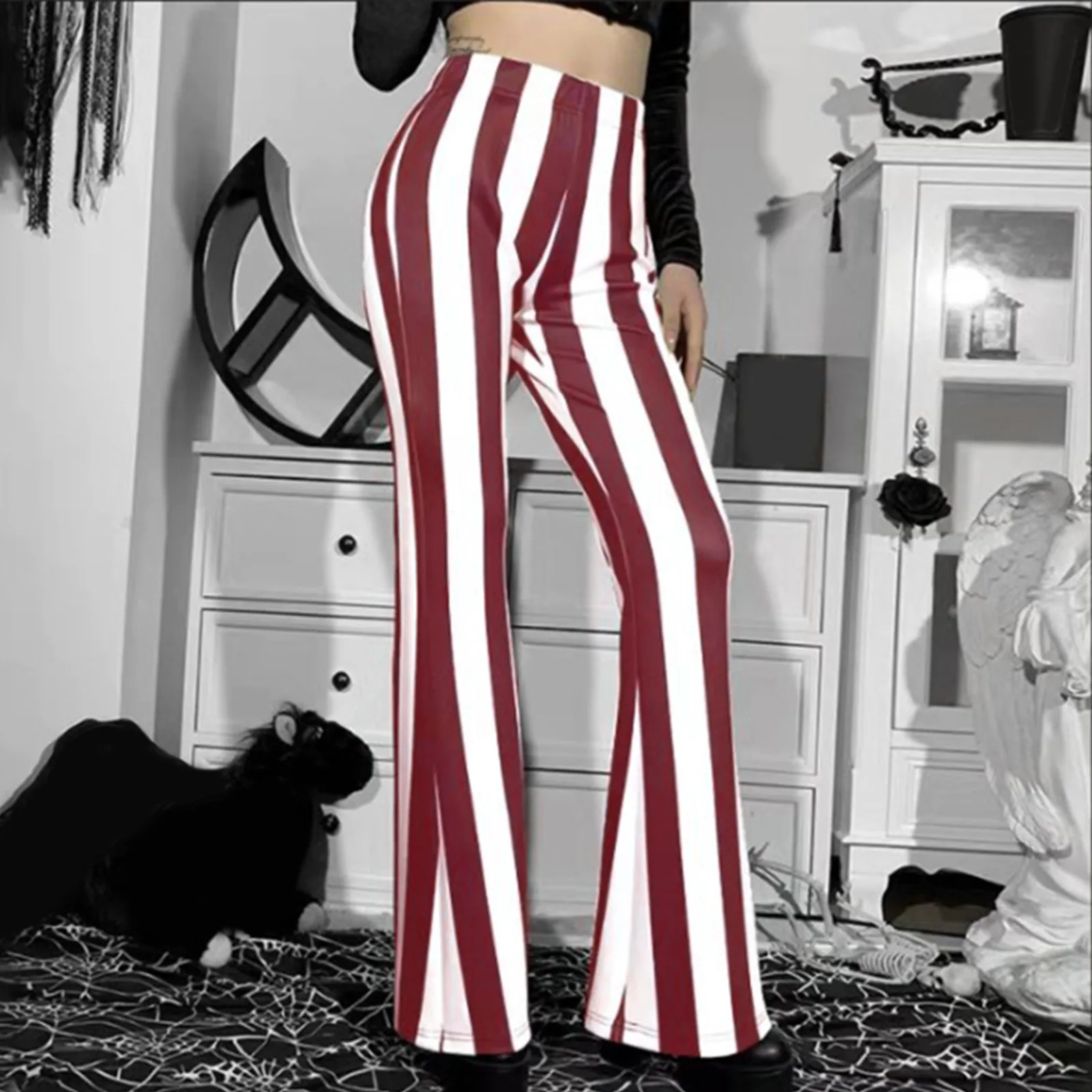 Women Flare Trousers High Waist Stretch Vertical Stripe Long Pants Casual New Elastic Lady Stretch Chic Pants Bodycon Trousers