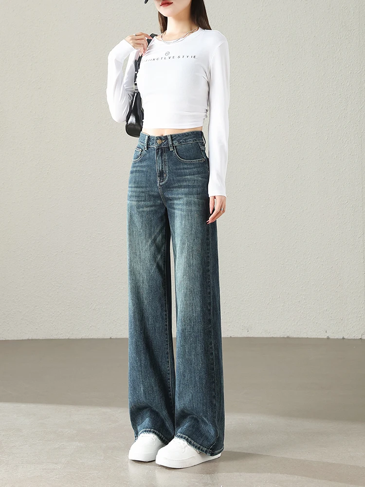 

High Waist Wide Leg Straight Cut Jeans Women's Loose Slimming Small Size Floor Length Trousers Casual Sle High Waist
