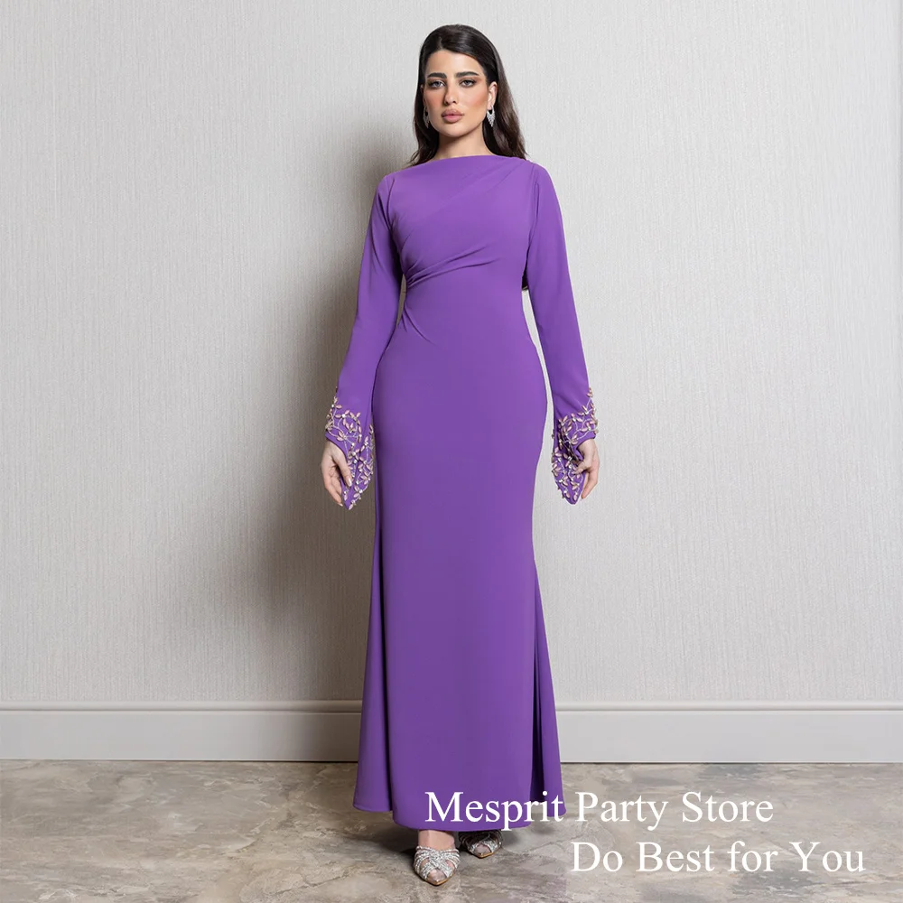 New Arrival 2024 Prom Dress Boat Neck Long Sleeve Crystal Beading Ankle Length Lavender Mermaid Evening Gown Formal Dresses