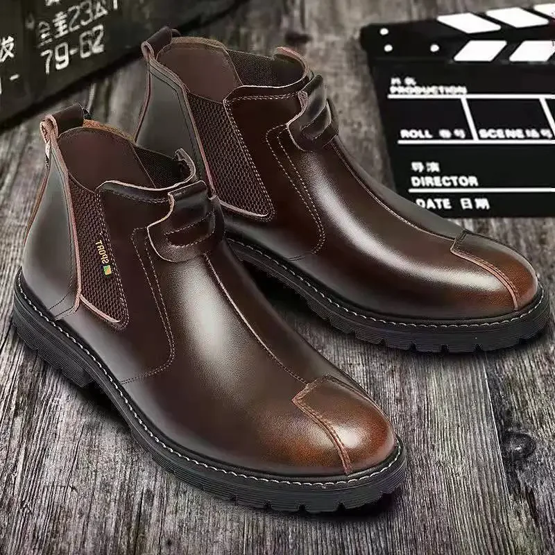 Men's Leather Shoes Velvet High Top Brown Male Casual Chelsea Boots Luxury Sale Free Delivery Shipping Size 45 Elegant Cowhide