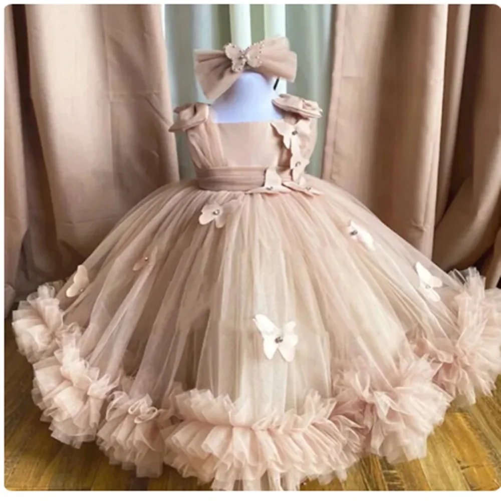 Vestido de tule fofo para meninas, borboletas 3D, princesa, festa de aniversário, vestidos de baile, primeira comunhão, casamento, 2023