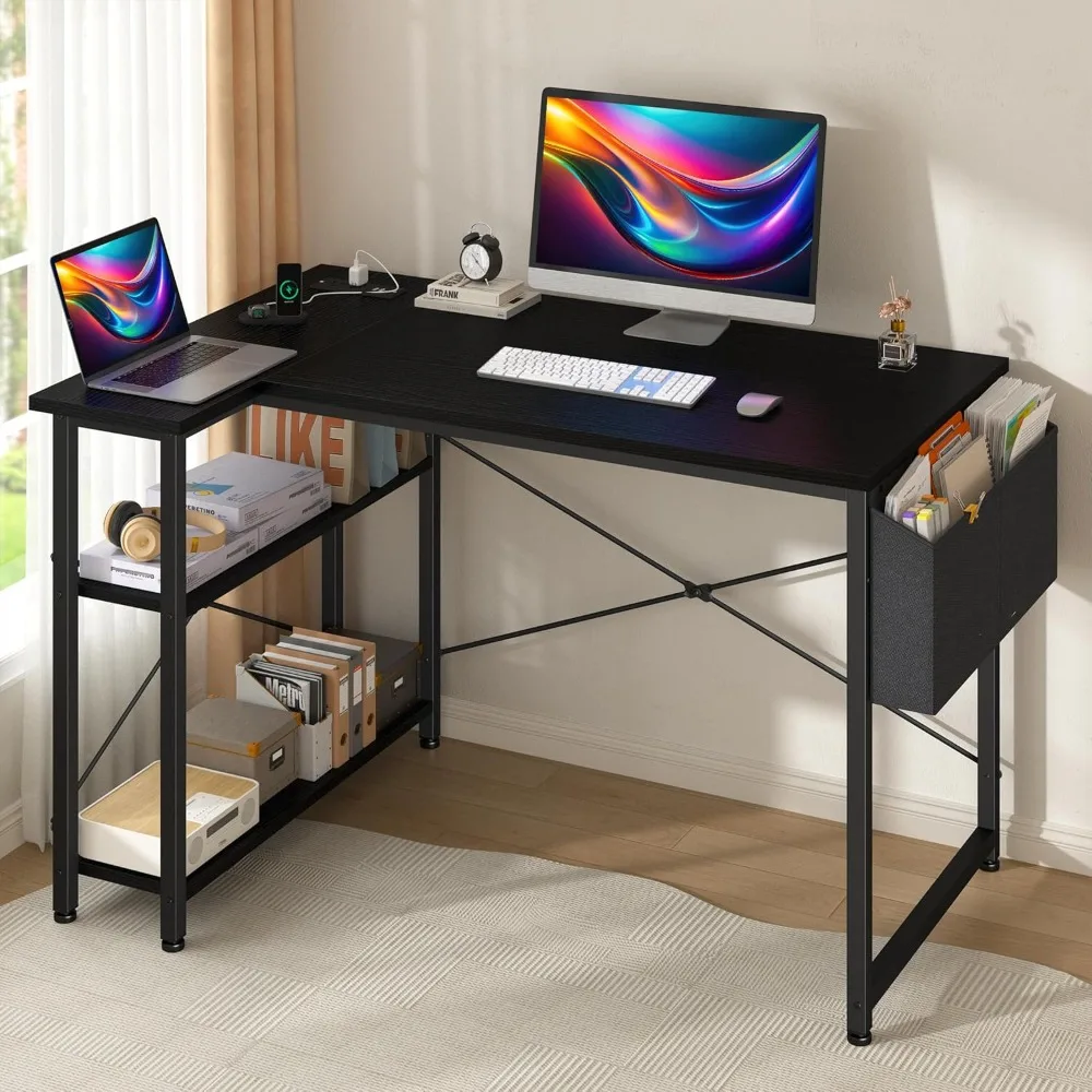 L Shaped Computer Desk with File Drawer & Power Outlet, 39 Inch Home Office Desk Corner Desk for Small Space, Bedroom Work