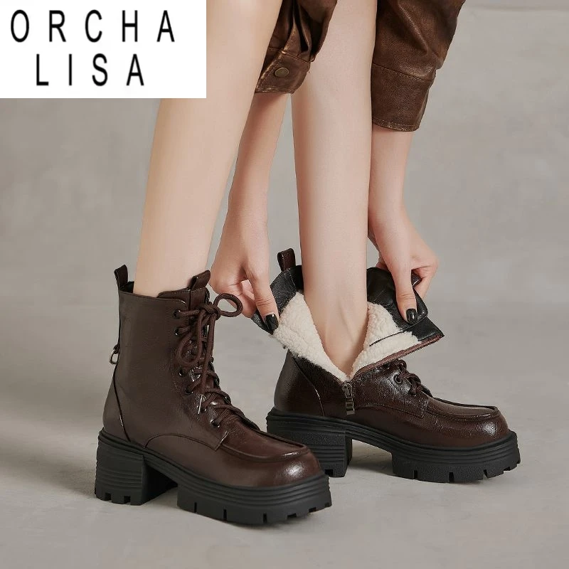 

ORCHA LISA/женские зимние ботинки на меху для отдыха, с круглым носком, на блочном каблуке 6,5 см, на платформе со шнуровкой, размер 43, декор Bota