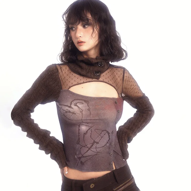 

Sexy Hollow Out Print High Neck Crop Top Women Y2K Streetwear Bodycon T-Shirt Summer Clubwear