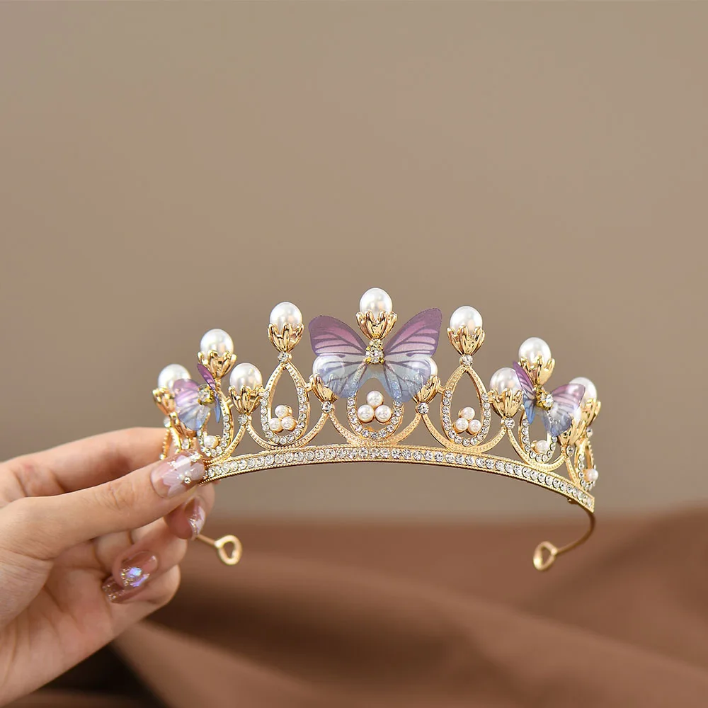 Butterfly Pearl Handmade Crown Crystal Tiaras for Princess Queen Girls Birthday Party Gift Performance Wedding