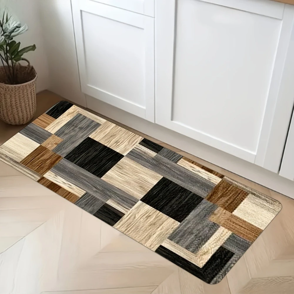 Alfombra larga de malla con textura de madera, estilo nórdico, antideslizante, para dormitorio, cocina, sala de estar, recibidor, estilo rústico.