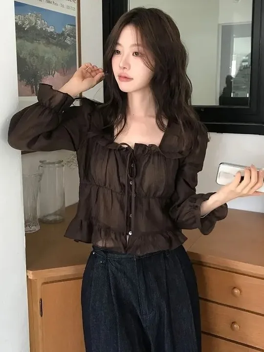 Sweet Feminine Early Autumn Women's Shirt Korean Style Gathered Waist Sun Protection Bubble Sleeve Chiffon Blouse Wood Grain ...