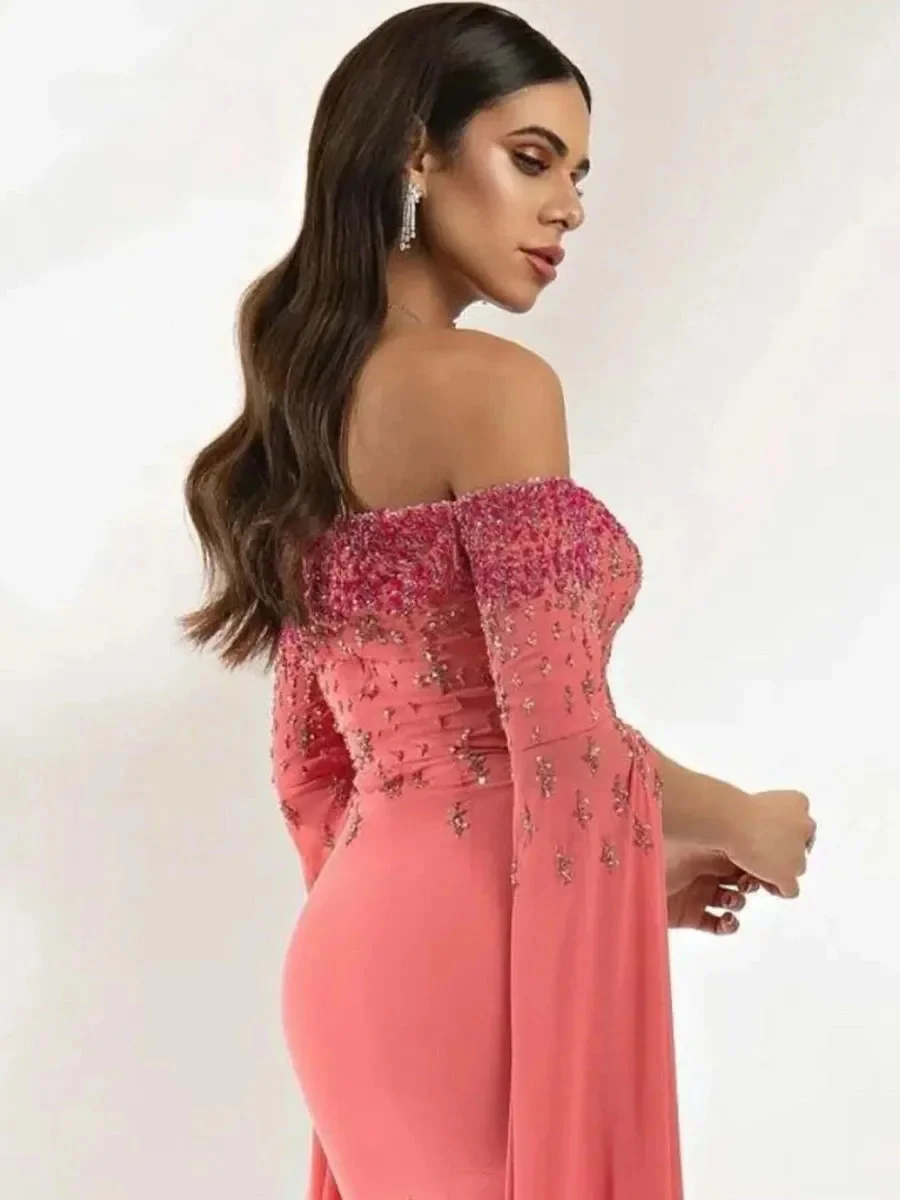 Watermelon Red Half Sleeve Sequined Beading Off The Shoulder Ribbons Woman Formal Wedding Guest Evening Prom Dresses Cocktail