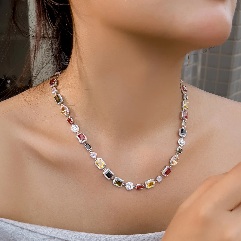 CWWZircons Vibrant Multi Color Cubic Zirconia Irregular Chain Necklace for Women Daily Party Engagement Jewelry Accessory DZ0097