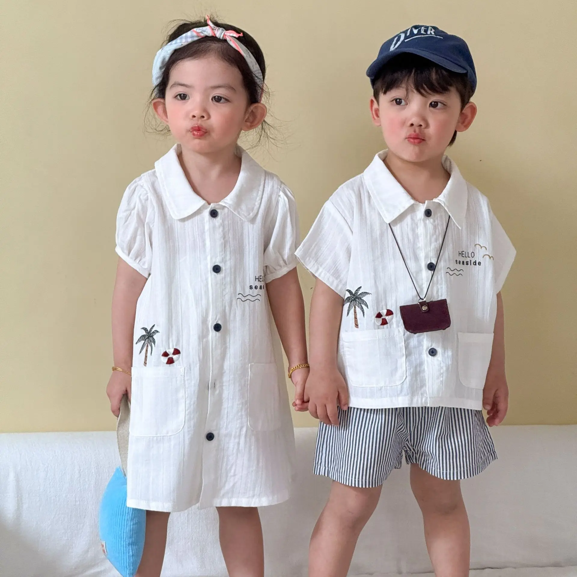 RAISE Summer Children Brother Sister Outfit Muslin Tree Print Kids Girls Peter Pan Dress Baby Boys T-shirts Beach Striped Shorts