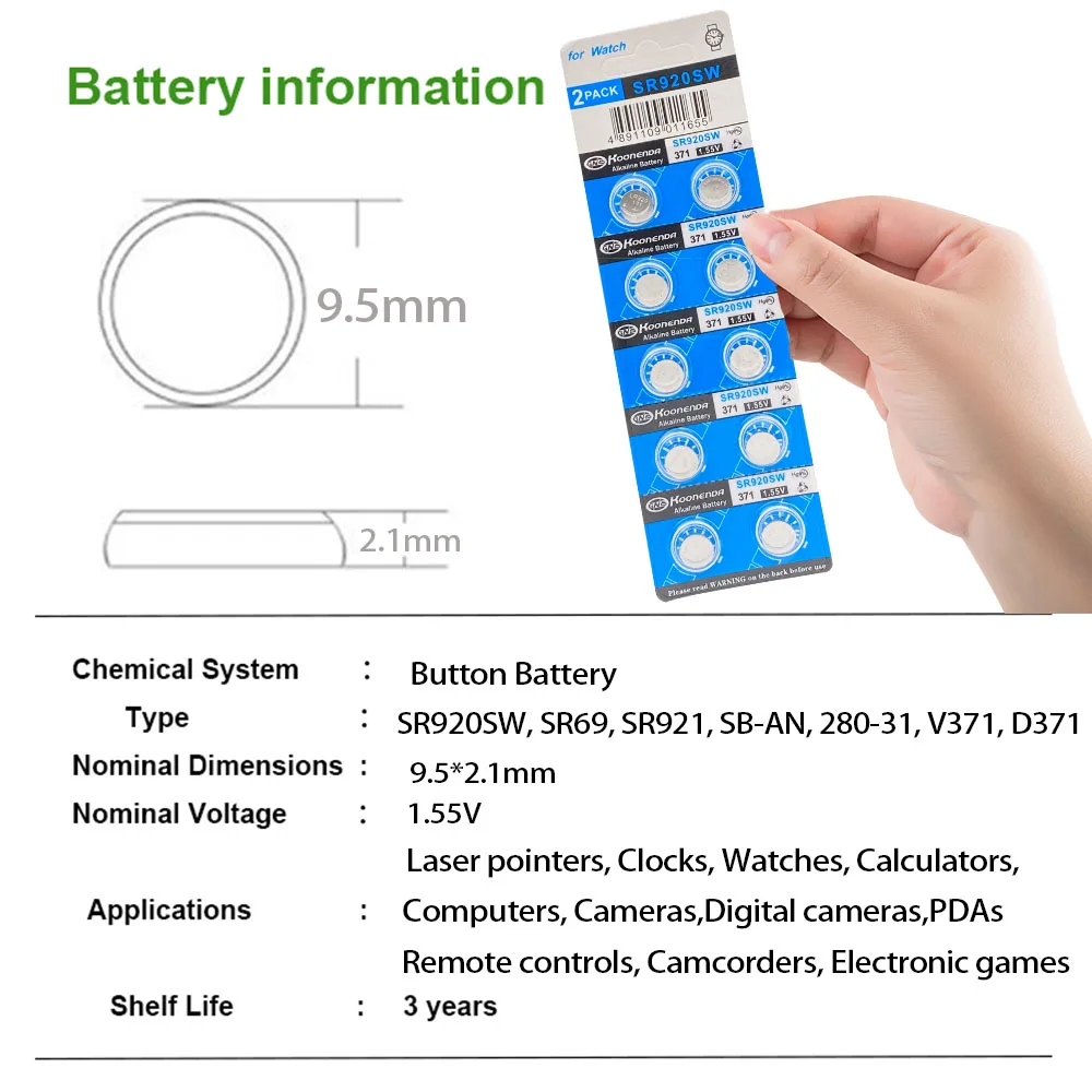 200PCS SR920SW 370 371 L920 LR69 G6A 371A LR920 AG6 1.55V Alkaline Button Coin Cell Watch Battery; 100% Safe No Mercury