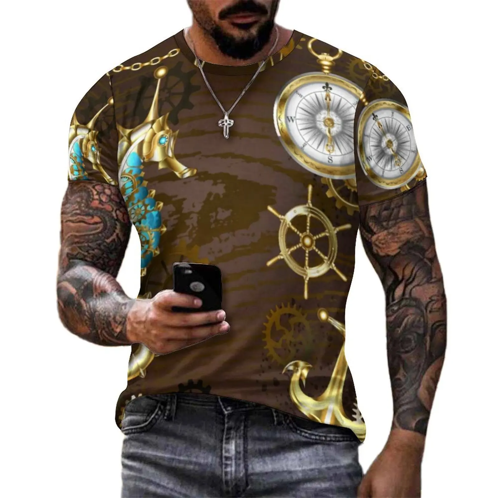 Summer T Shirt Golden Steampunk T-Shirts Wooden With Mechanical Seahorse Basic Fashion Tee Shirt For Mens Plus Size Clothes