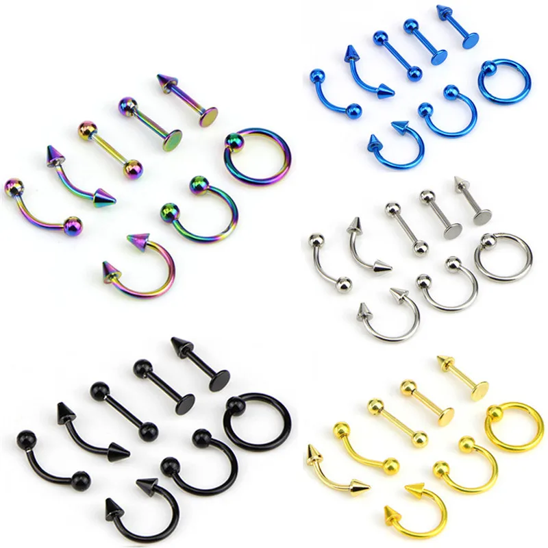 Mixed 8PCS 16G Stainless Steel Helix Piercing Jewelry Ear Eyebrow Nose Lip Rings