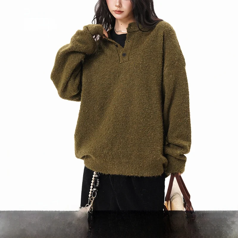 Autumn Winter New Sle Henry Collar Sweater Women's Loose Thiened Soft Cozy Knittedwear Comfortable Warm Outerwear