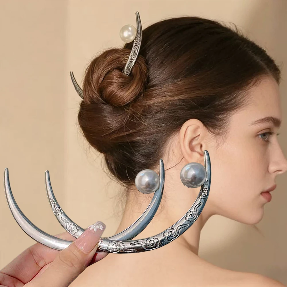 Pearl Hair Stick Crescent Moon Hair Pin Forks For Women Metal Hair Clip Barrettes Hairpin Hair Accessories Womens Sweet Headwear view 3