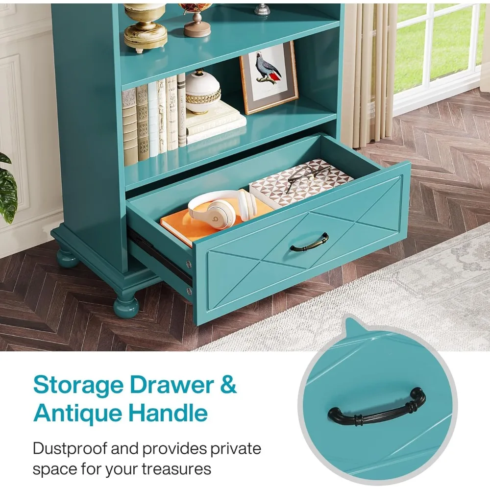 خزانة كتب مكونة من 6 أرفف مع درج، قائمة على الأرض بطول 71 بوصة، وأرجل من الخشب الصلب، ورف عرض كبير مفتوح #6