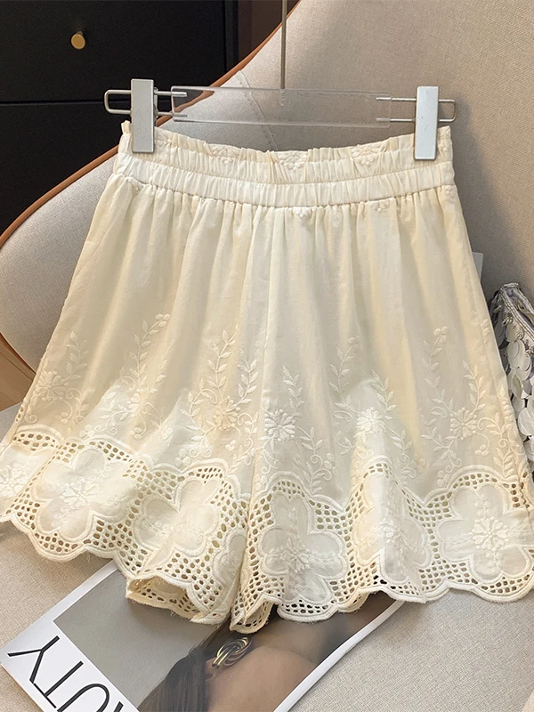 

Брюки ort с кружевной отделкой, женские свободные универсальные брюки больших размеров для похудения, широкие брюки с вышивкой, повседневные летние брюки с высокой талией