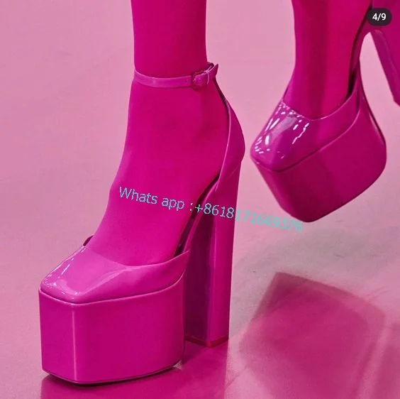 2022 Fashion Luxury Fuchsia Square Toe Sandals Sexy Women Fall Pink Block High Heel Sandals Ladies Buckle Platform Shoes