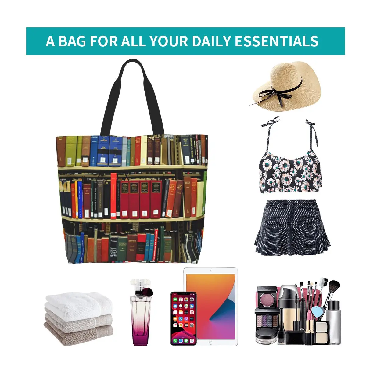 Education Library Book Shopping Tote Bag Canvas Large Capacity Shoulder Bags Shopper Grocery Handbag for Women