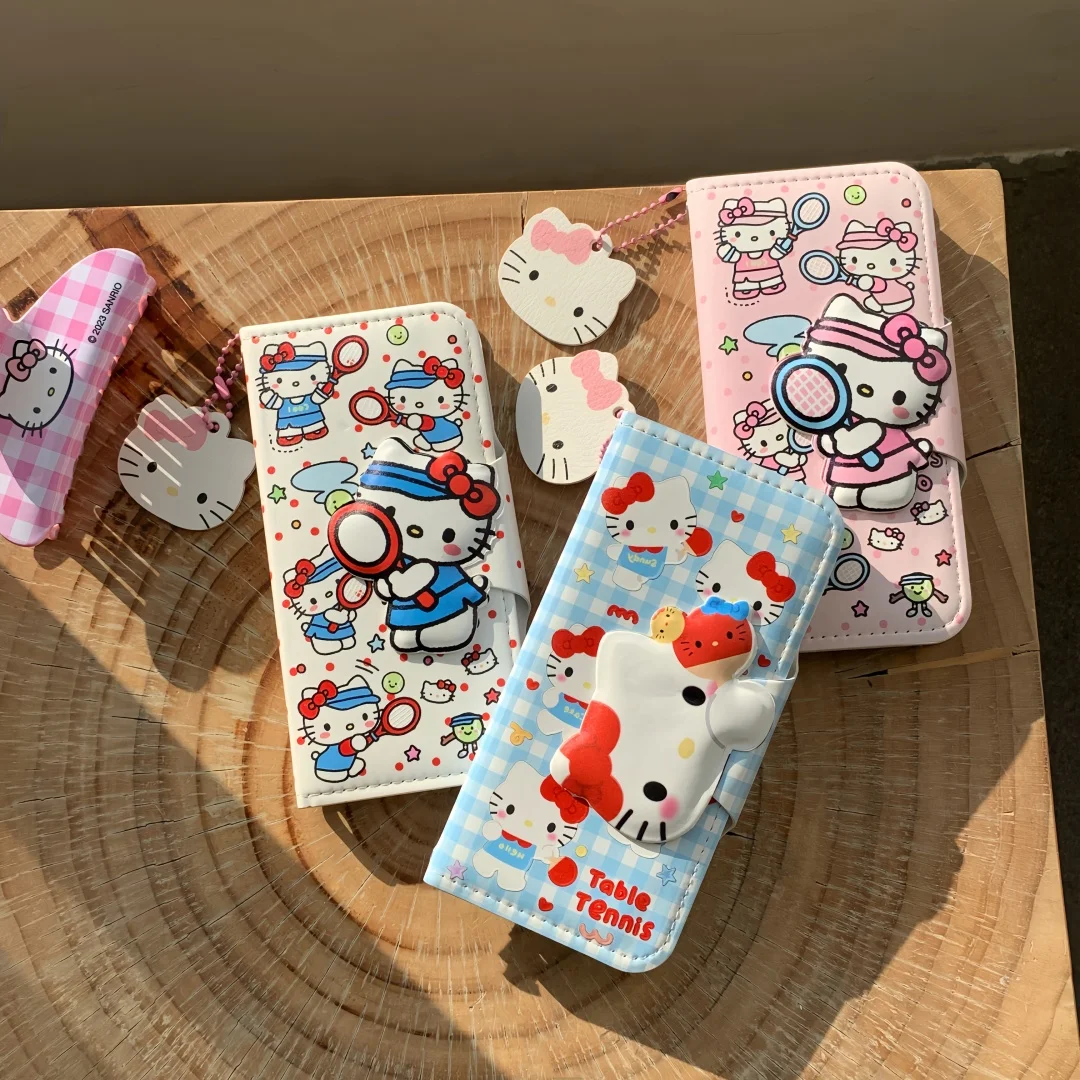 

Leather Flip Wallet Shockproof Phone Case for IPhone16 15 14 13 Pro Max 3D Cute Hello Kitty Notebook Cards Holder Protect Cover﻿