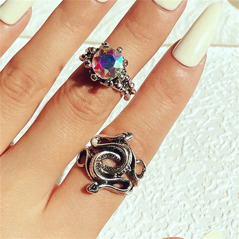 Bohemia Metal Rings for Women Men Vintage Silver Color Knot Evil Eye Purple Crystal Ring Fashion Jewelry Wholesale image 4