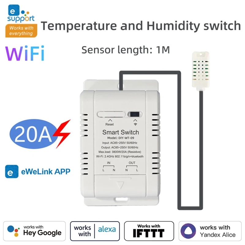 N15R-Wifi Smart Temperature And Humidity Switch With 1M Sensor Ewelink 20A Temperature Humidity Switch Supports Voice Control