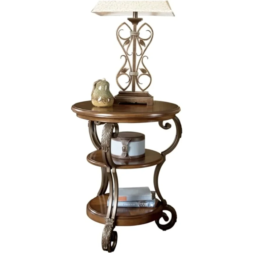 Signature Design by Ashley Nestor Traditional Hand-Finished Chairside End Table with 2 Fixed Shelves, Dark Brown