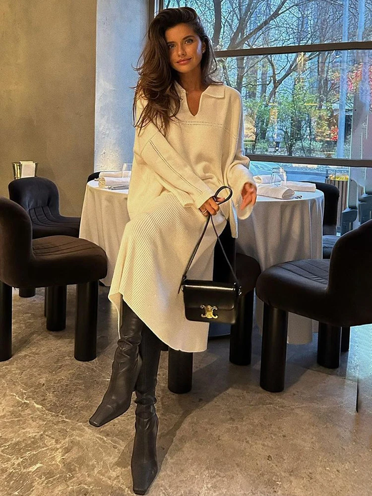 Solid Loose Sweater Suit Female Fashion V-Neck Knit Pollover Top Long Skirt High Waist Autumn Winter Skirt 2 Piece Set